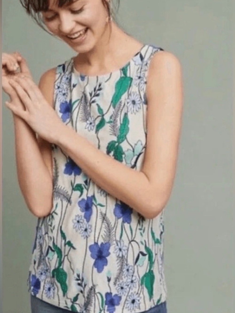 Anthropologie Meadow Rue Cartagena Embroidered Tank XS white with blue floral
